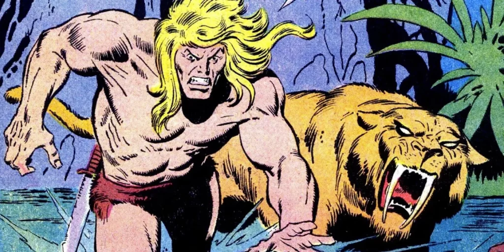 Ka-Zar có thể xem là “Tarzan của Marvel" khi trưởng thành cùng những loài động vật hoang dã và tự phong mình là người bảo hộ rừng xanh tiền sử - Ảnh: Internet.